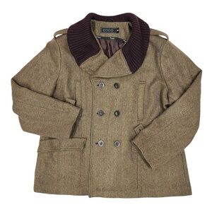 Vintage Coogi Herringbone Wool Blend Double Breasted Military Button Pea Coat